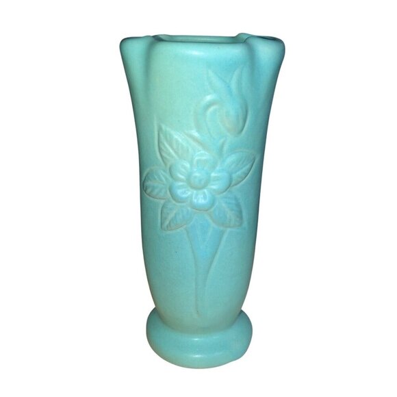 Vintage VAN BRIGGLE 8" Ming Blue Columbine Flower Pattern Pottery Vase Signed - Picture 1 of 5